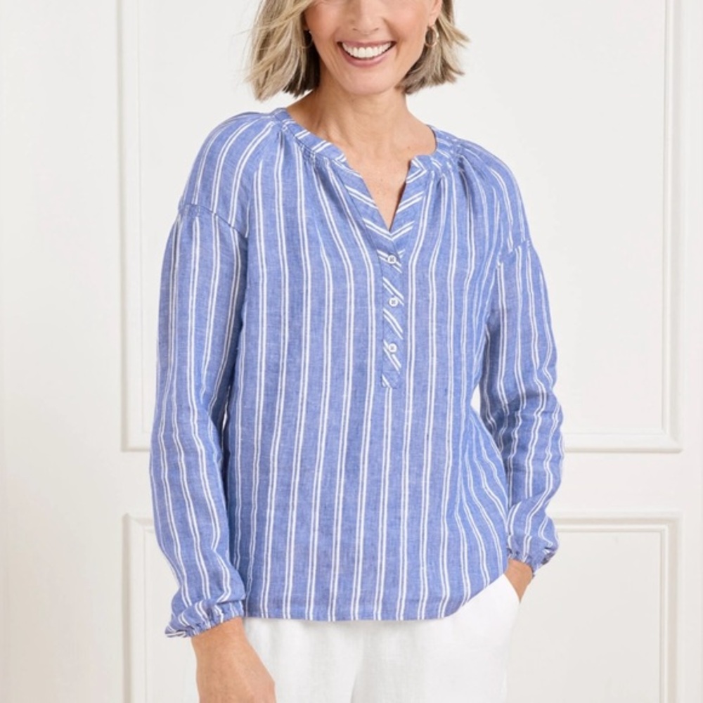 Talbots LANTERN SLEEVE 100% LINEN TOP Lakeside‎ Blue White Stripe Blouse Sz XL